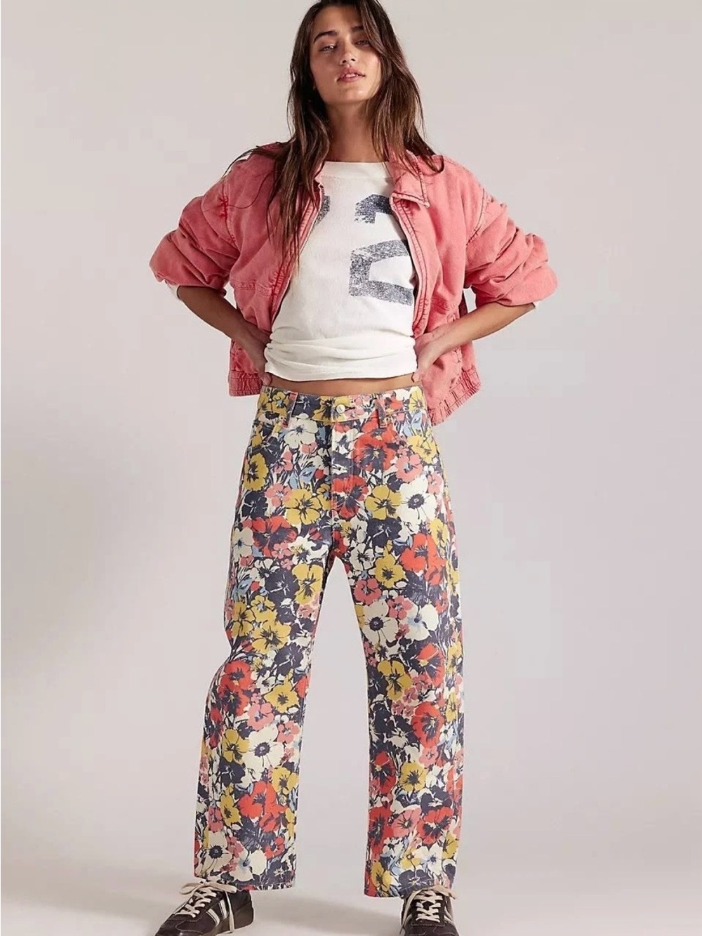 We The Free Floral Wide-Leg Pants in Yellow, Coral & Navy